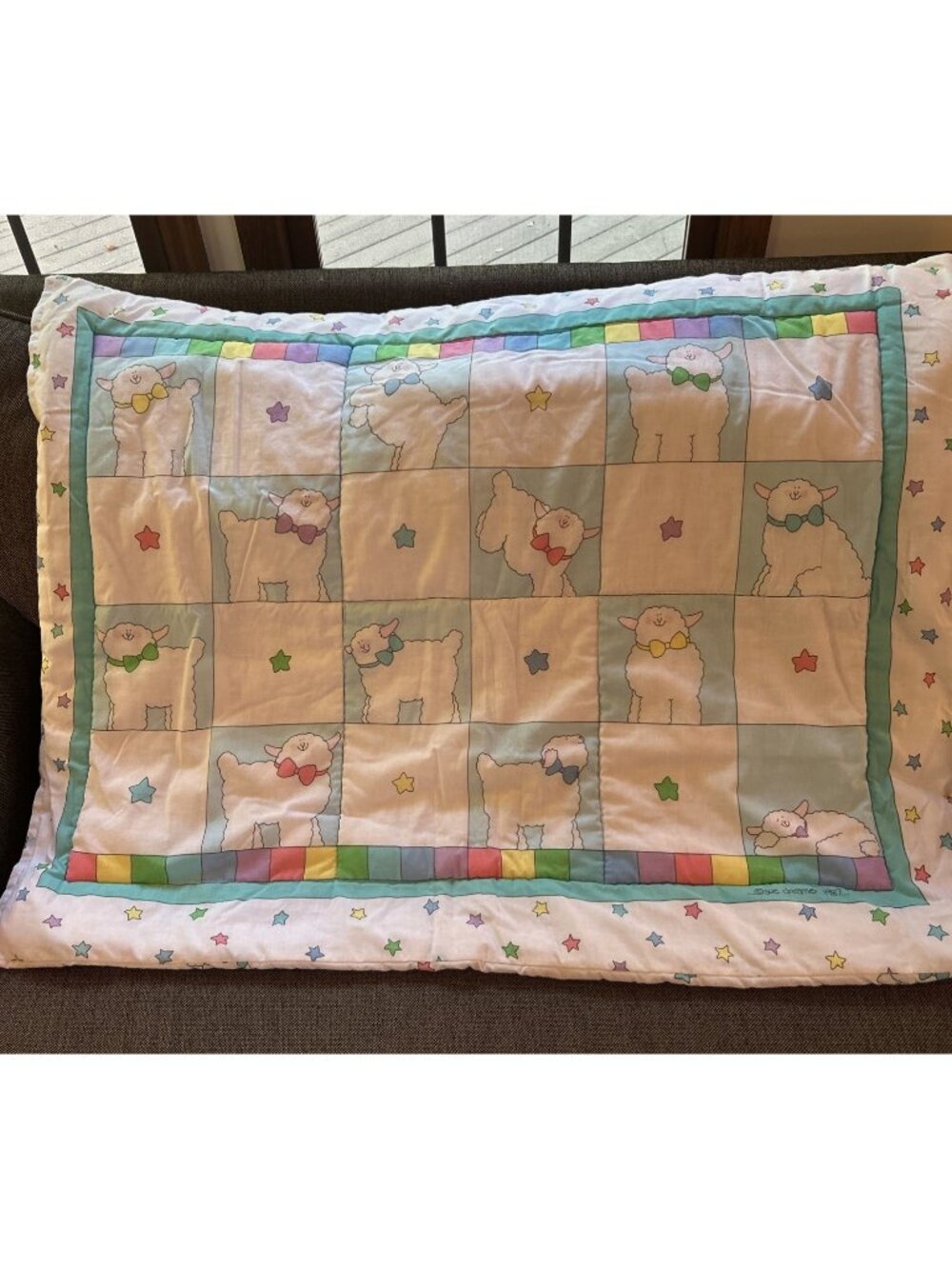 Baby Crib Blanket Sue Dreamer Happy Sheep Nursery Quilt 1987 Double sided 42x33”